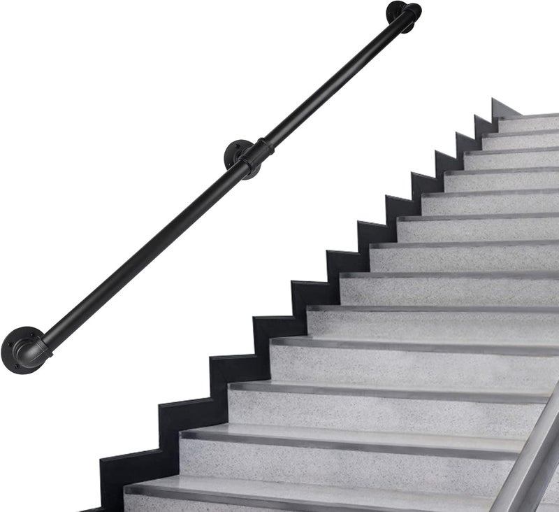 RECTOO Pipe Stair Handrail, 6 Ft Metal Staircase Handrail, Black Galvanized Industrial Iron Hand Rail for Indoor & Outdoor Wall Mount Support, Wall Hand Railing,Safety Handle, Steps Baluster(HR01-3) - Image 1